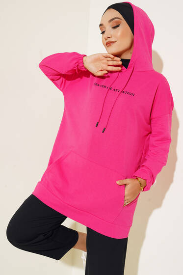 Center İki İplik Kapşonlu Tunik Fuşya - Tunik