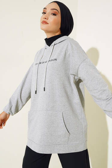 Center İki İplik Kapşonlu Tunik Gri - Tunik