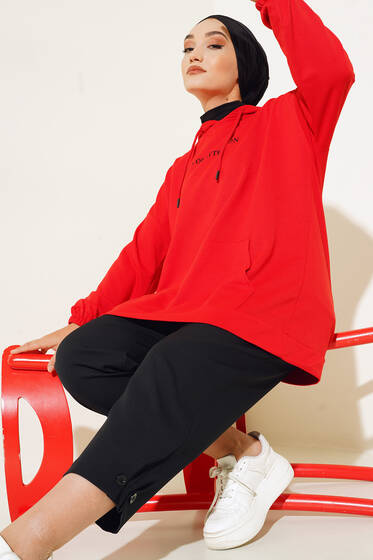 Center İki İplik Kapşonlu Tunik Kırmızı - Tunik