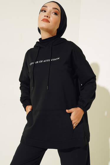 Center İki İplik Kapşonlu Tunik Siyah - Tunik