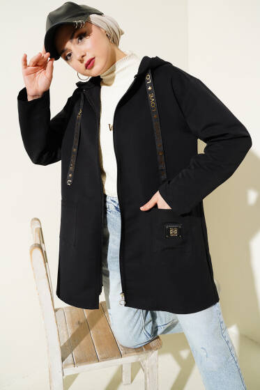 Cep Armalı Fermuarlı Bondit Trençkot Siyah - Trençkot