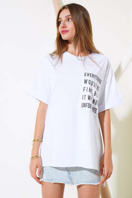 Cep Baskılı Duble Kol T-shirt Beyaz - Kadın Giyim Modelleri