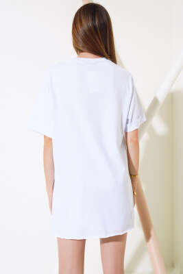 Cep Baskılı Duble Kol T-shirt Beyaz - Kadın Giyim Modelleri