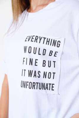 Cep Baskılı Duble Kol T-shirt Beyaz - Kadın Giyim Modelleri