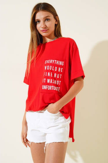 Cep Baskılı Duble Kol T-shirt Kırmızı - Kadın Giyim Modelleri