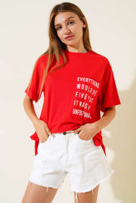 Cep Baskılı Duble Kol T-shirt Kırmızı - Kadın Giyim Modelleri