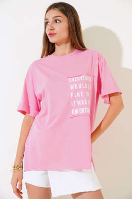 Cep Baskılı Duble Kol T-shirt Pembe 