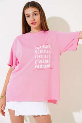 Cep Baskılı Duble Kol T-shirt Pembe - Yeni Giyim