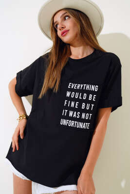 Cep Baskılı Duble Kol T-shirt Siyah - Kadın Giyim Modelleri