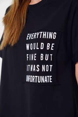 Cep Baskılı Duble Kol T-shirt Siyah - Kadın Giyim Modelleri