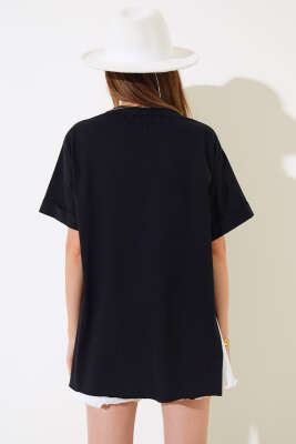 Cep Baskılı Duble Kol T-shirt Siyah - Kadın Giyim Modelleri