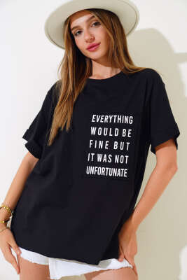 Cep Baskılı Duble Kol T-shirt Siyah - Kadın Giyim Modelleri
