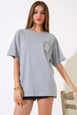 Cep Baskılı T-shirt Gri 