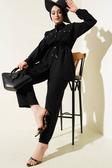 Cep Boncuklu Bel Tünelli İkili Takım Siyah - İkili Takım