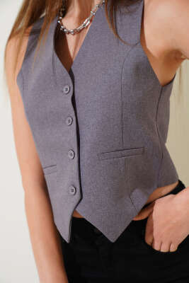 Cep Detaylı Crop Yelek Duman Gri - Kadın Giyim Modelleri