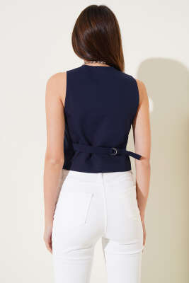 Cep Detaylı Crop Yelek Lacivert - Kadın Giyim Modelleri