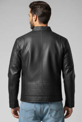 Cep Detaylı Erkek Deri Mont Siyah - Erkek Mont