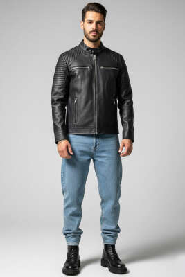 Cep Detaylı Erkek Deri Mont Siyah - Erkek Mont