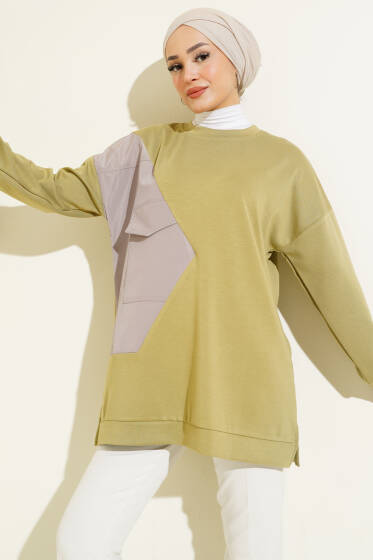 Cep Detaylı Garnili Tunik Haki - Tunik