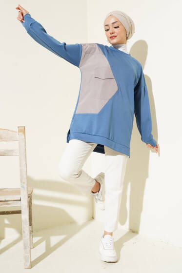 Cep Detaylı Garnili Tunik İndigo - Tunik