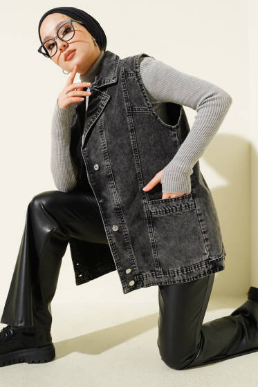 Cep Detaylı Kot Yelek Füme - Yelek