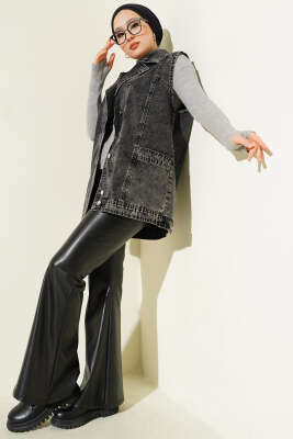 Cep Detaylı Kot Yelek Füme - Yelek