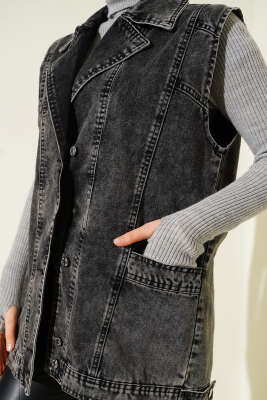 Cep Detaylı Kot Yelek Füme - Yelek