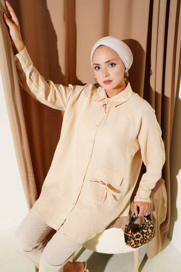 Cep Detaylı Müslin Gömlek Camel - Gömlek