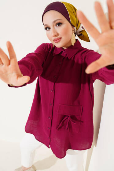 Cep Detaylı Müslin Gömlek Mürdüm - Gömlek