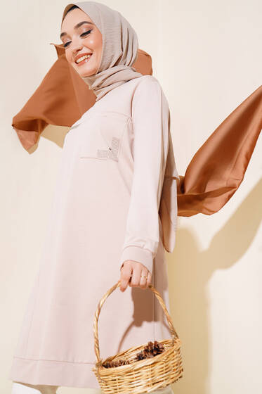 Cep Detaylı Taşlı Tunik Bej - Tunik