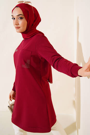 Cep Detaylı Taşlı Tunik Bordo - Tunik
