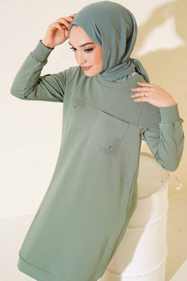 Cep Detaylı Taşlı Tunik Çağla Yeşili - Tunik
