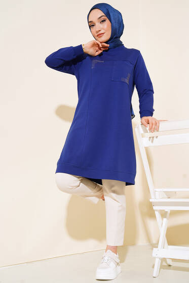 Cep Detaylı Taşlı Tunik Lacivert - Tunik