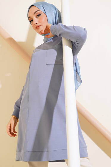 Cep Detaylı Taşlı Tunik Mavi - Tunik