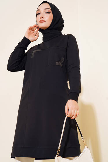 Cep Detaylı Taşlı Tunik Siyah - Tunik