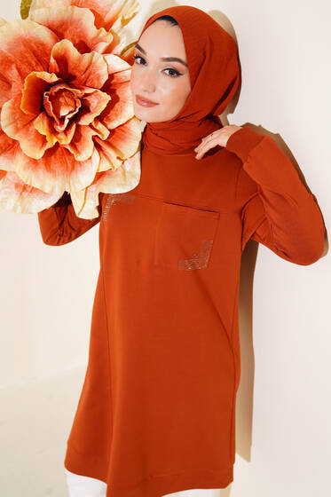 Cep Detaylı Taşlı Tunik Taba - Tunik