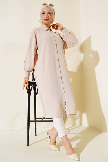Cep Detaylı Uzun Tunik Bej - Tunik