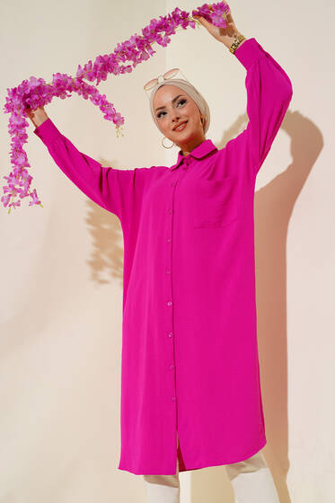 Cep Detaylı Uzun Tunik Fuşya - Tunik