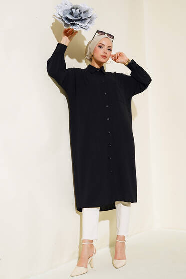 Cep Detaylı Uzun Tunik Siyah - Tunik