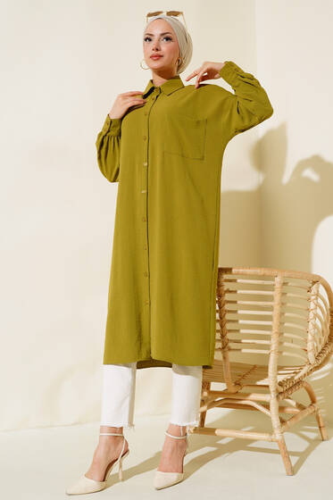 Cep Detaylı Uzun Tunik Yağ Yeşili - Tunik