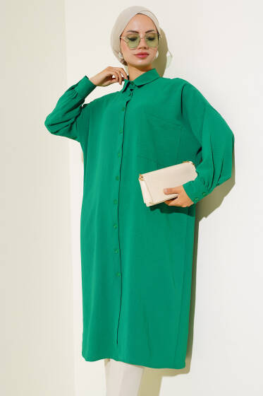 Cep Detaylı Uzun Tunik Yeşil - Tunik