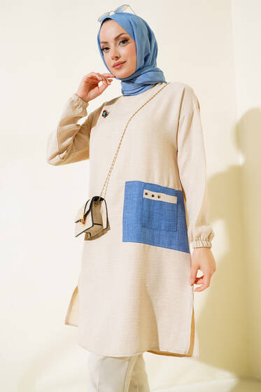 Cep Detaylı Yırtmaçlı Keten Tunik Bej - Tunik
