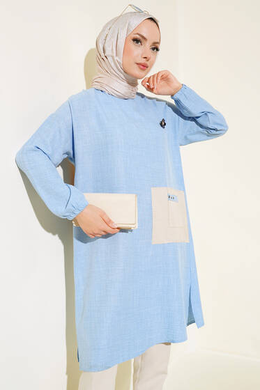 Cep Detaylı Yırtmaçlı Keten Tunik Buz Mavisi - Tunik