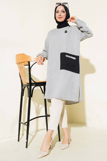 Cep Detaylı Yırtmaçlı Keten Tunik Gri - Tunik