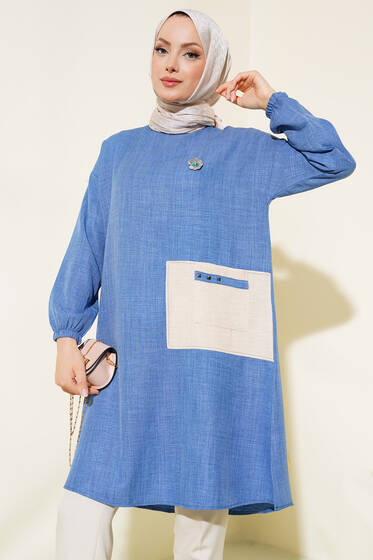 Cep Detaylı Yırtmaçlı Keten Tunik İndigo - Tunik