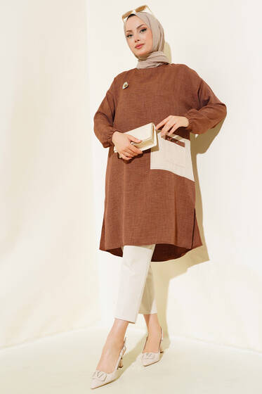 Cep Detaylı Yırtmaçlı Keten Tunik Kahve - Tunik