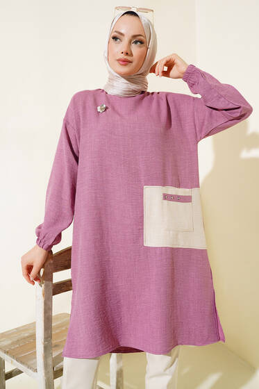 Cep Detaylı Yırtmaçlı Keten Tunik Lila - Tunik