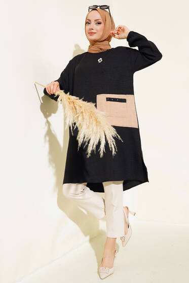 Cep Detaylı Yırtmaçlı Keten Tunik Siyah - Tunik