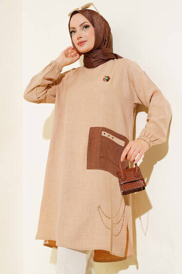 Cep Detaylı Yırtmaçlı Keten Tunik Taş - Tunik