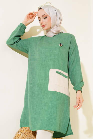 Cep Detaylı Yırtmaçlı Keten Tunik Yeşil - Tunik